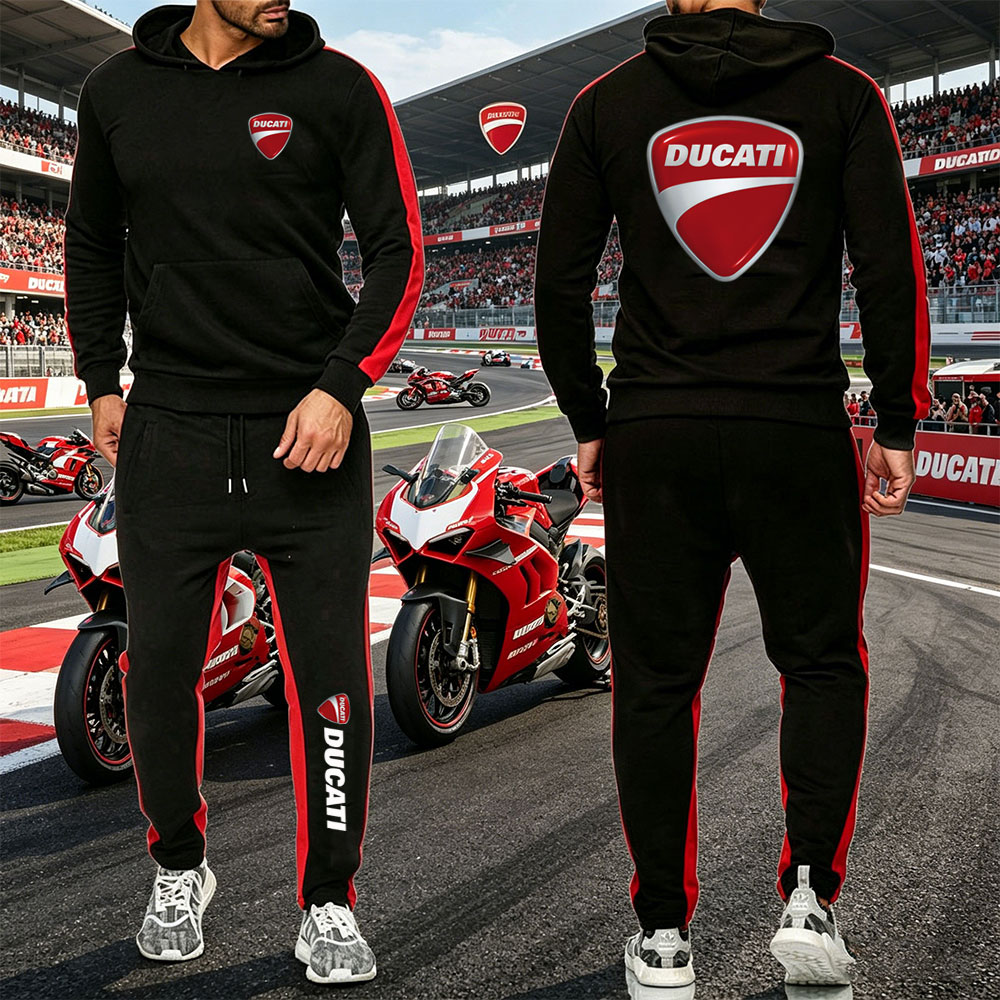 Running Gear Motor - 2026 男性トラックスーツドゥカティモータープリントパーカースーツフード付きスウェットシャツ + パンツ 2 個男性セットランニングフィットネス男性服