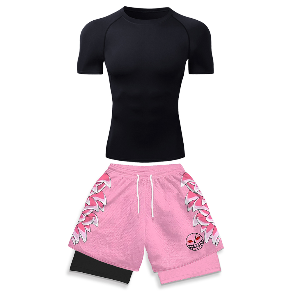 Running Gears - 高弾性ワークアウトウェア男性用ホワイトコンプレッションTシャツ＆ピンク3Dグラフィックプリントランニングショーツアニメジムジョギングウェア