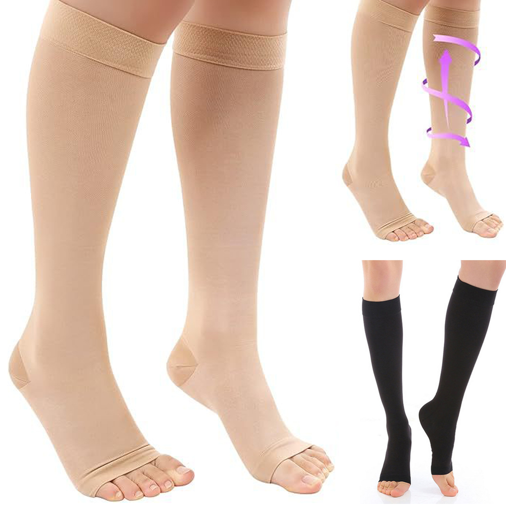 Compression Calf Sleeve - 段階的圧力調整機能付き医療用ふくらはぎ圧迫ストッキング、オープントゥ、膝丈、弾性デザイン、静脈瘤の整形用、S-XLサイズ