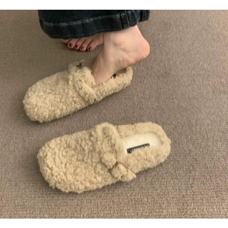 Insole Arch Support - 女性用ファー付きボストンサンダル 冬用ファッション コルクインソール 暖かいプラッシュスリッパシューズ アーチサポート付き 快適なホームファーリースエードミュール
